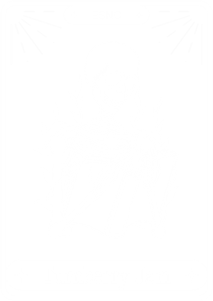 ESNC tarot card: a skeleton reading a book, with Turnberry Jam across the bottom